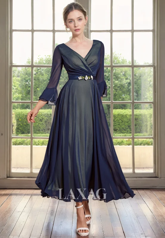 wedding dress with sleevesA-Line V-Neck Long Sleeves Beaded Tulle Sleek Satin Mother of the Bride Dress