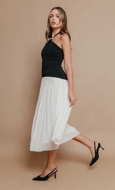 maxi-length midi dressesBlack & White Drop Waist Pleated Midi Dress