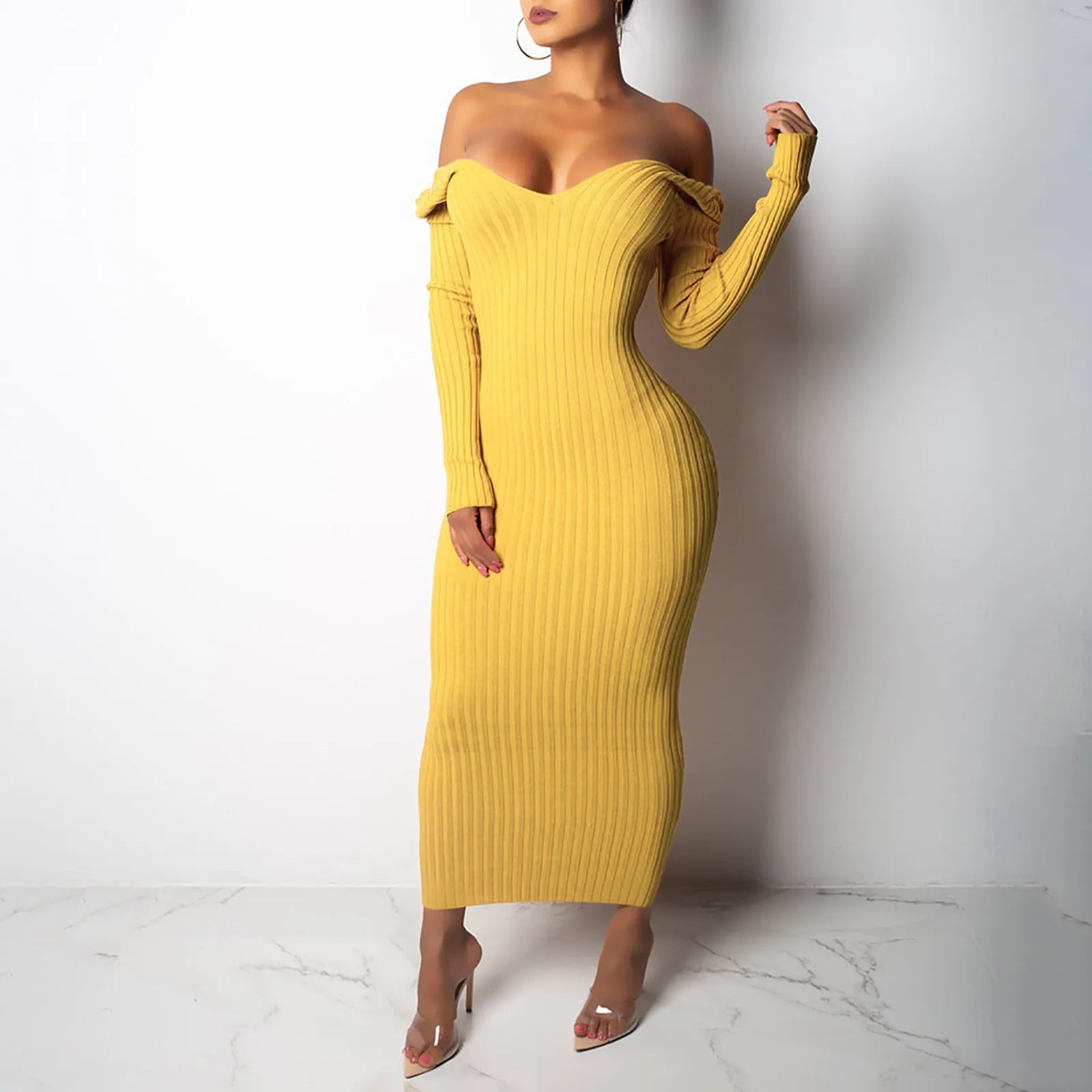 waist-cinching midi dressesDressBetty - 2024 Sexy Deep V Neck Off Shoulder Rib Knit Midi Dress