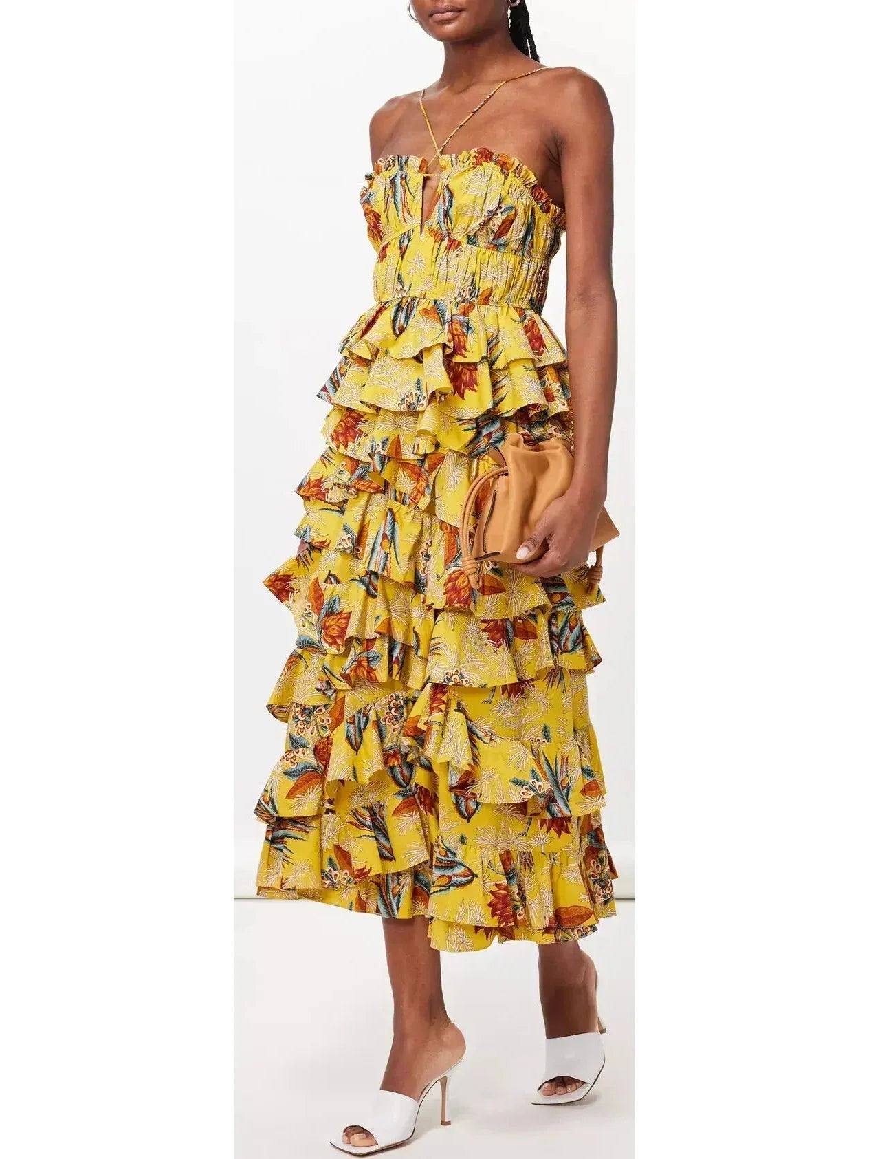 midi dresses with keyhole backsFloral Printed Yellow Ruffle Tiered Midi Dress