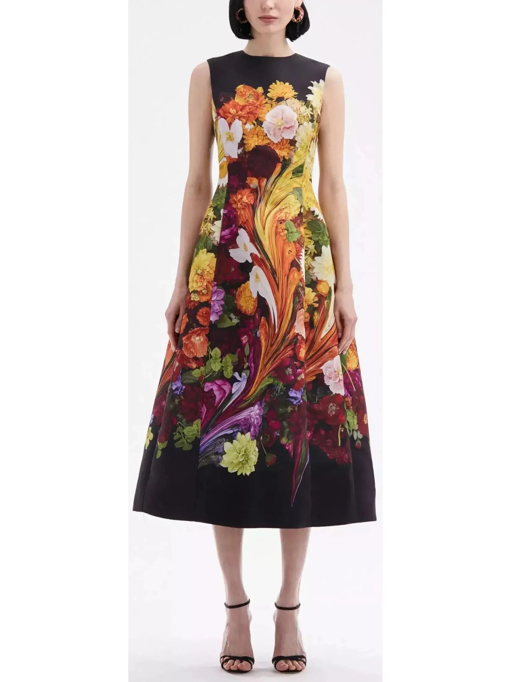 midi ball gown dressesRainbow Flower Marble Print Faille Midi Dress