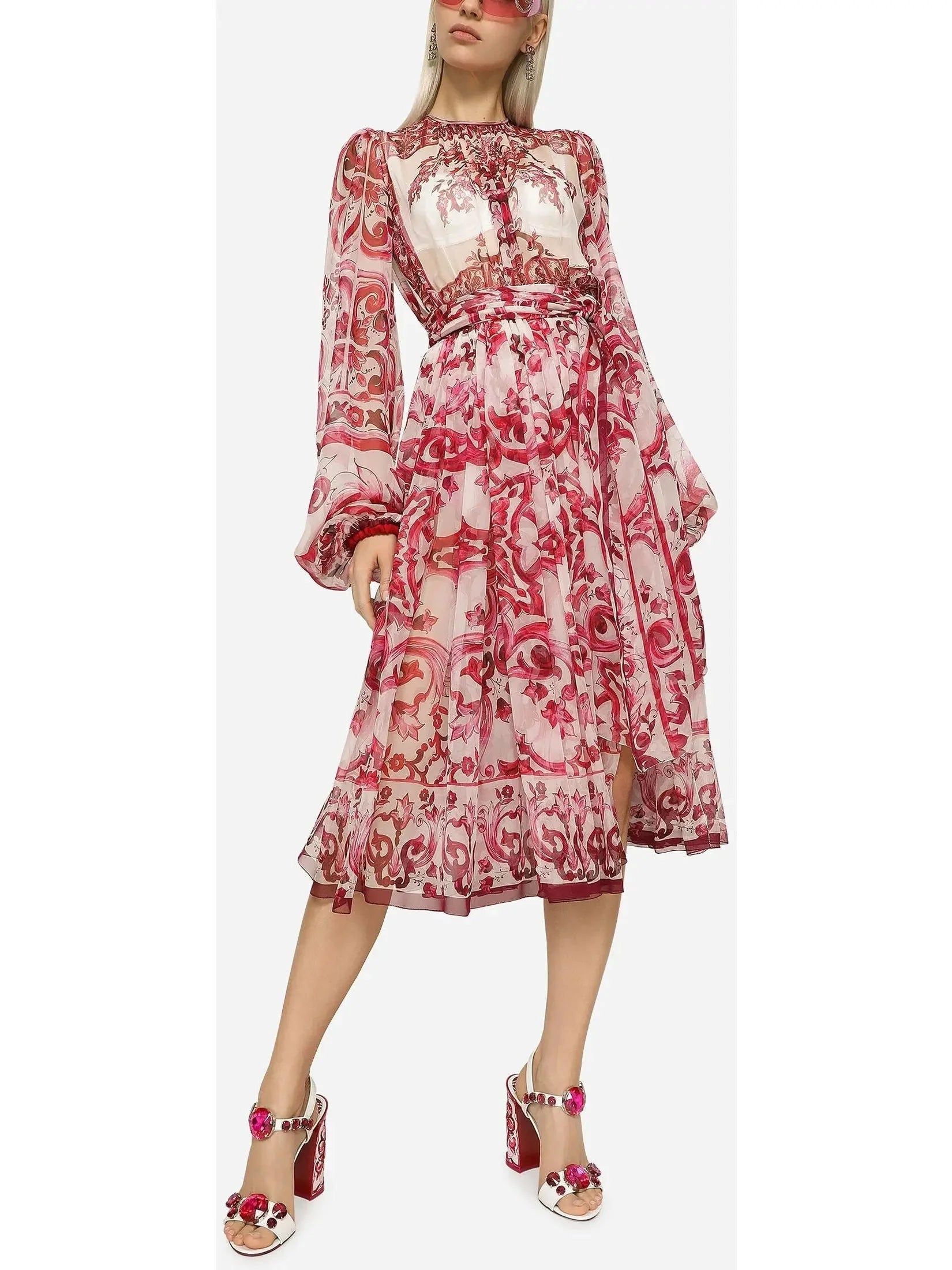 midi dresses with sleevesMajolica Print Chiffon Midi Dress