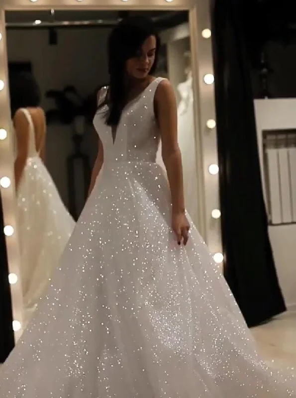 wedding dress with detachable sleevesSparkly V-neck Backless Wedding Gown, Sequins Prom Dress On Sale UK, OW314