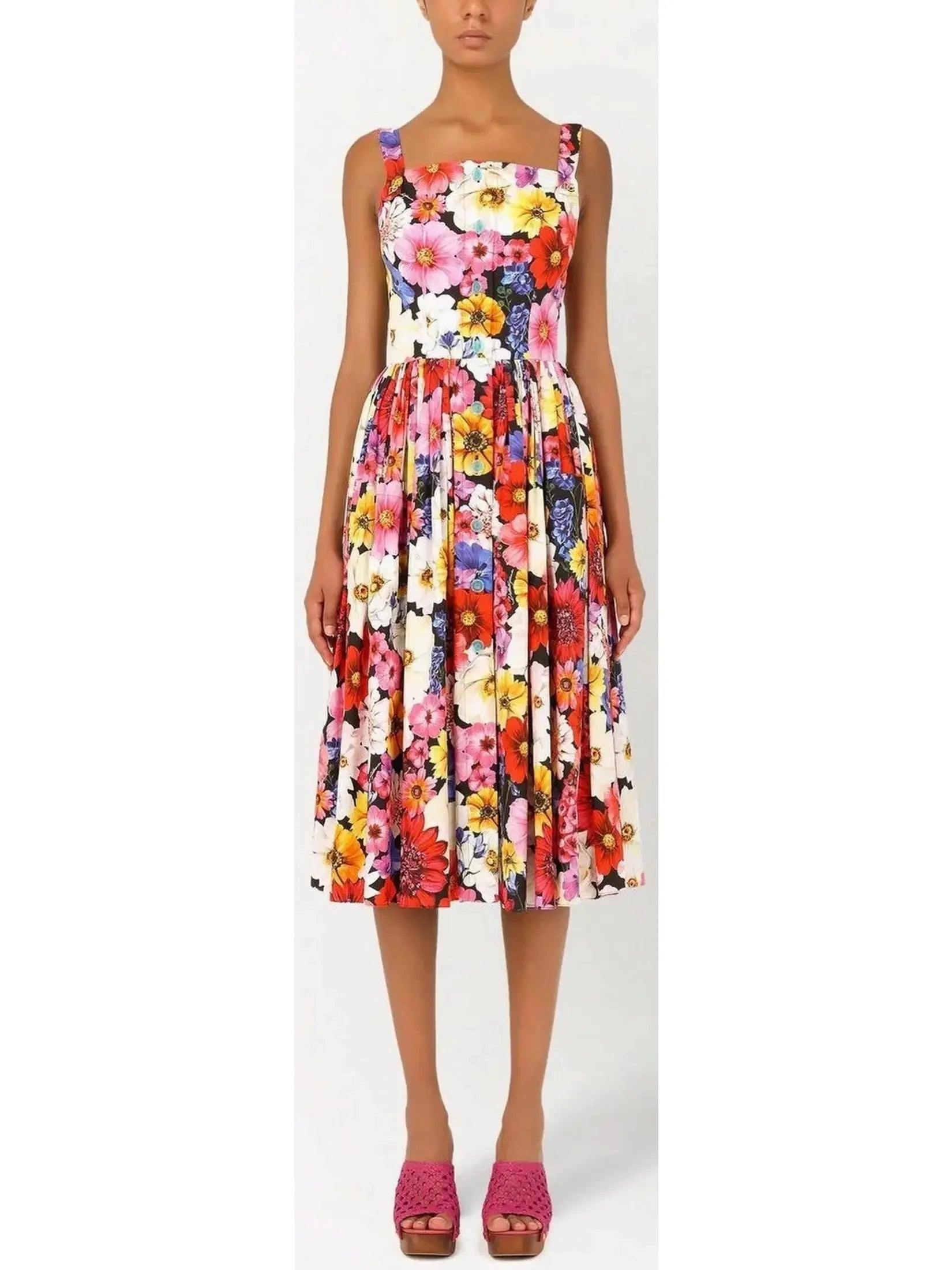 midi dresses with sheer sleevesFloral-Print Multicolored Midi Dress