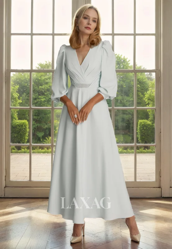 mermaid-inspired wedding dressesA-Line V-Neck Quarter Sleeves Beaded Sleek Satin Mother of the Bride Dress