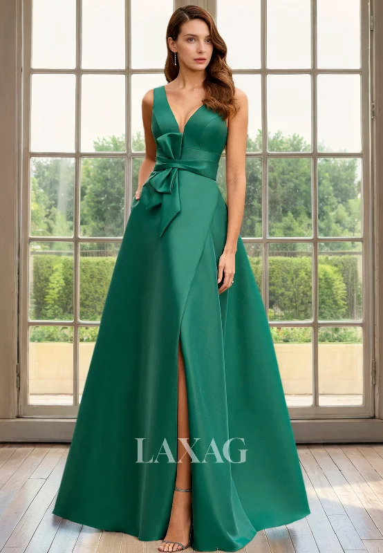 mermaid-inspired wedding dressesA-Line V-Neck Sleeveless Open Back Mother of the Bride Dress with Slit