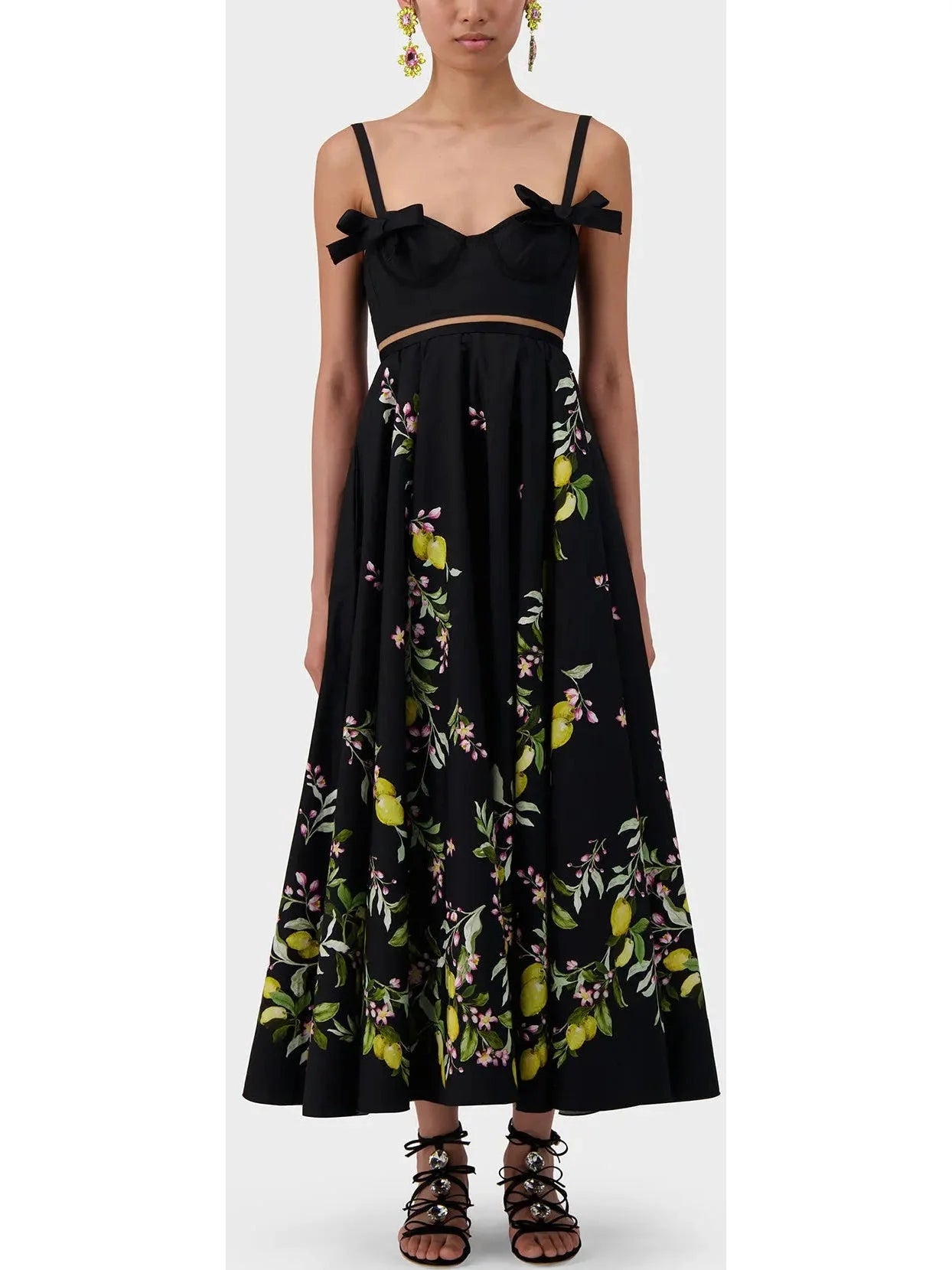 sequin midi dressesBow-Detailed Printed Poplin Midi Dress in Black