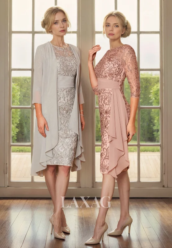 wedding dress with detachable trainTwo-Piece Suit Quarter Sleeves Sequins Knee-Length Mother Of the Bride Dress