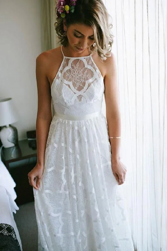 embroidered wedding dressesElegant A-line Halter Lace Long Wedding Dress