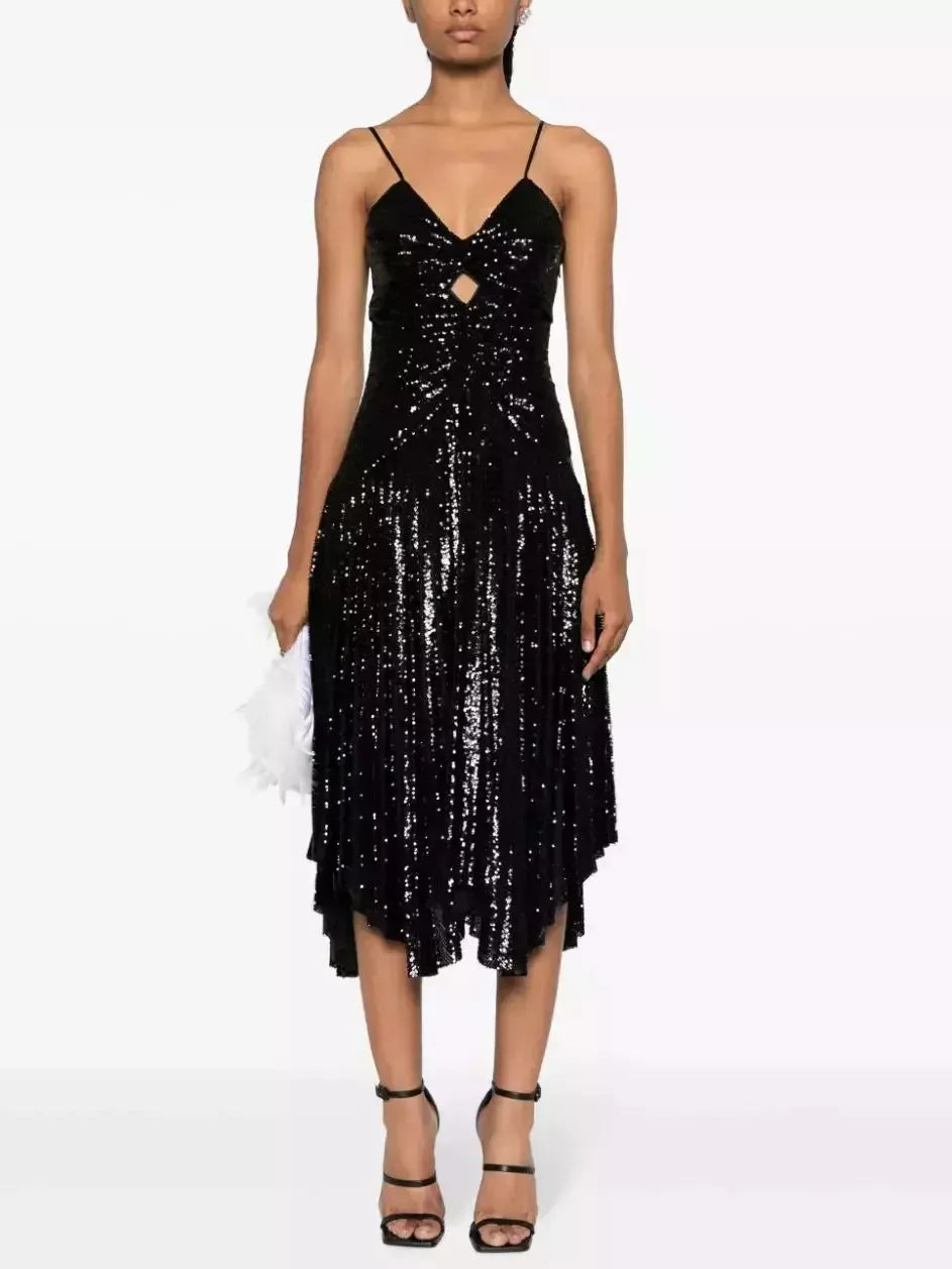 open-back midi dressesBlack Sequin-Embellished Gathered Pleated Midi Dress