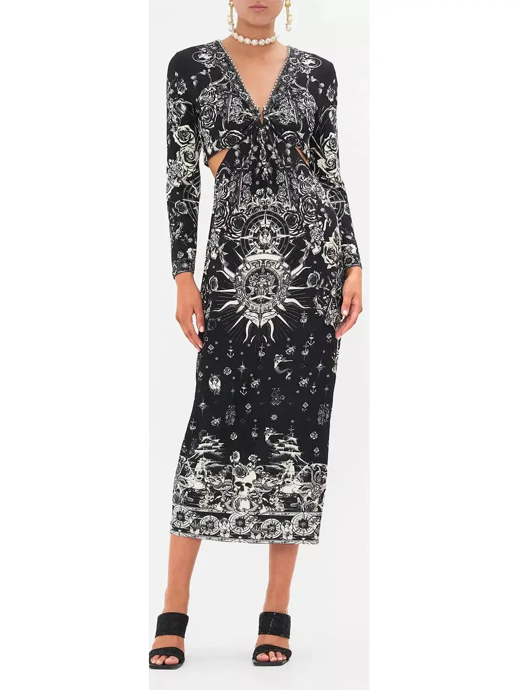 elegant midi dressesBlack and White Tattoo Printed Cut-Out Embellished V-Neck Silk Midi Dress