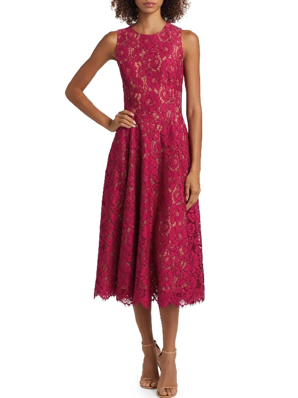 lined midi dressesA-Line Sleeveless Floral Lace Midi Dress in Red