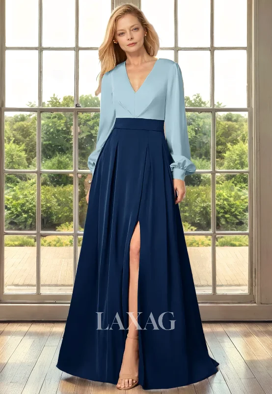 satin wedding dressesA-Line V-Neck Long Sleeves Sleek Satin Mother of the Bride Dress with Slit