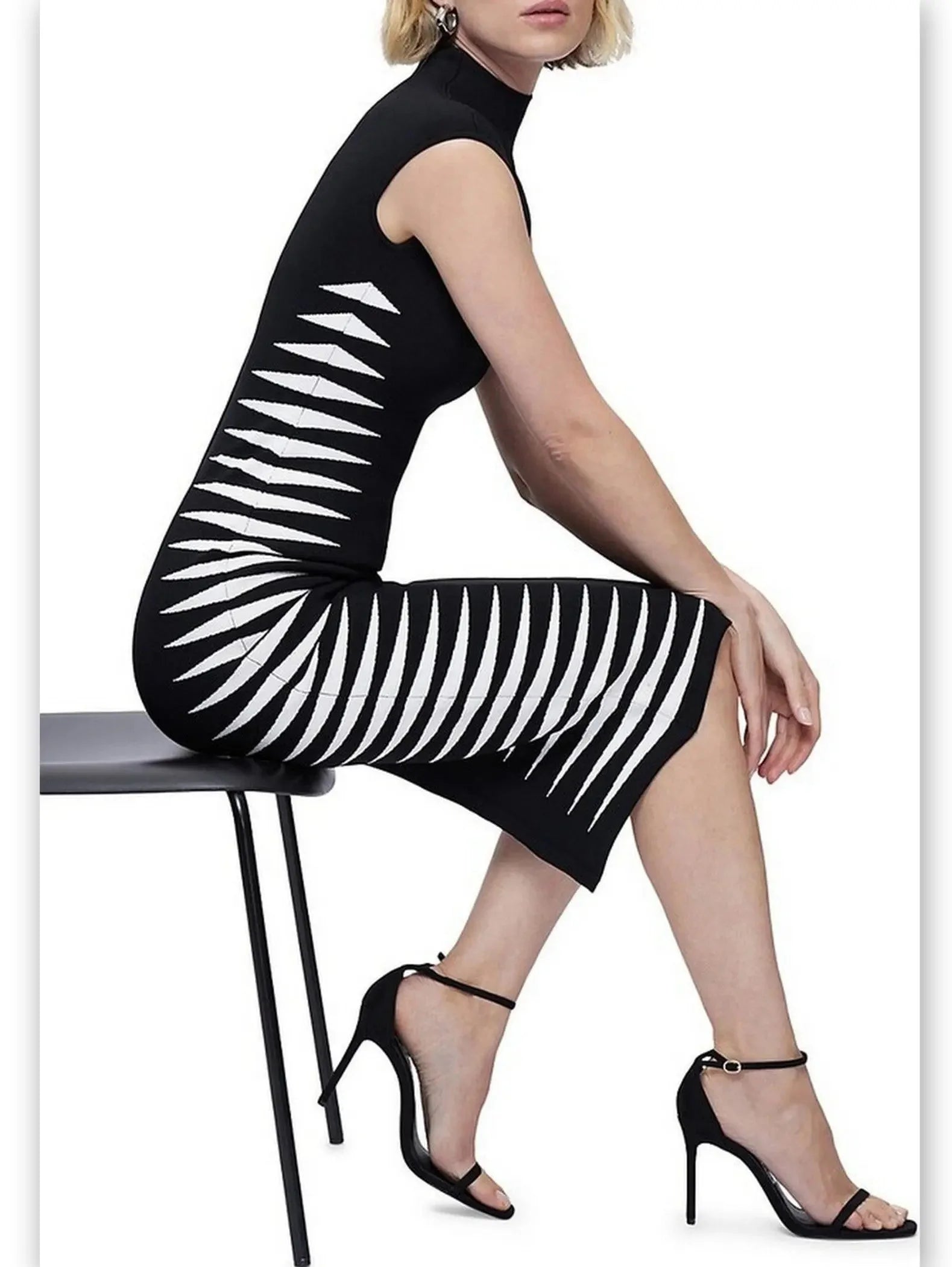 chic midi dressesBlack and White Side-Stripe Mock-Neck Midi Dress