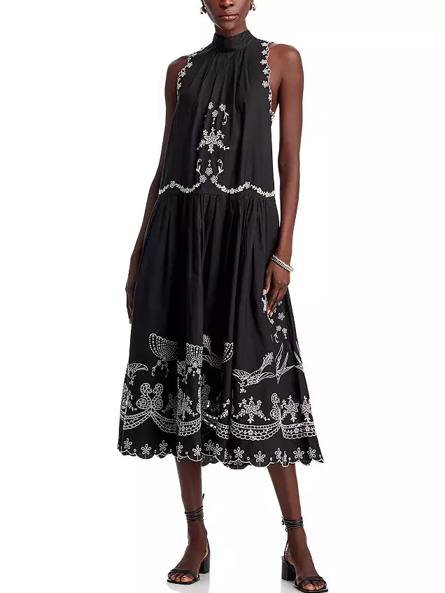 floral lace midi dressesEmbroidered Cotton Sleeveless Midi Dress in Black