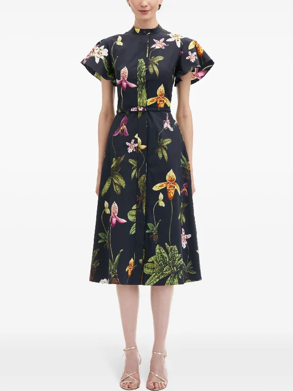 lightweight chiffon midi dressesBelted Orchid Print Cotton Poplin Midi Dress