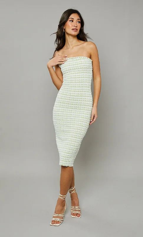 midi dresses for petitesGreen Checker Textured Bandeau Midi Dress