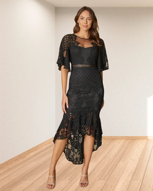 printed midi dressesReyna Lace Midi Dress - Black