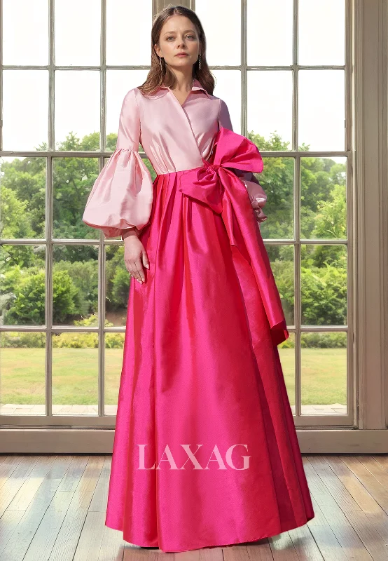 lightweight wedding dressesA-Line V-Neck Long Sleeves Sleek Satin Mother of the Bride Dress with Bow Detail