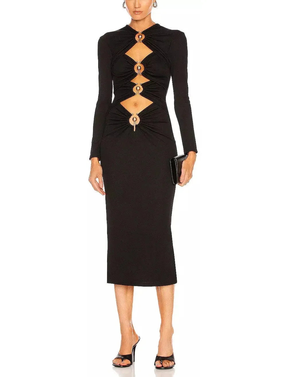 midi dresses for summerBlack Ruched Column Long Sleeve Midi Dress