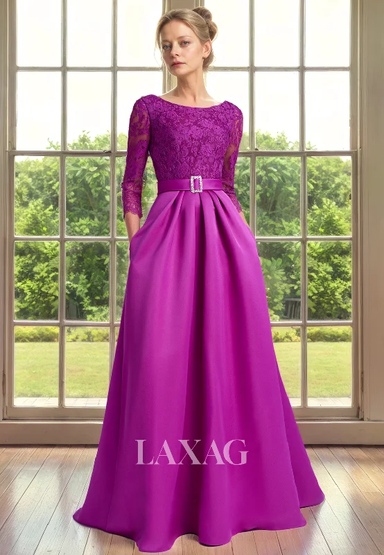 wedding dress codeA-Line Round Quarter Sleeves Lace Sleek Satin Mother of the Bride Dress with Train