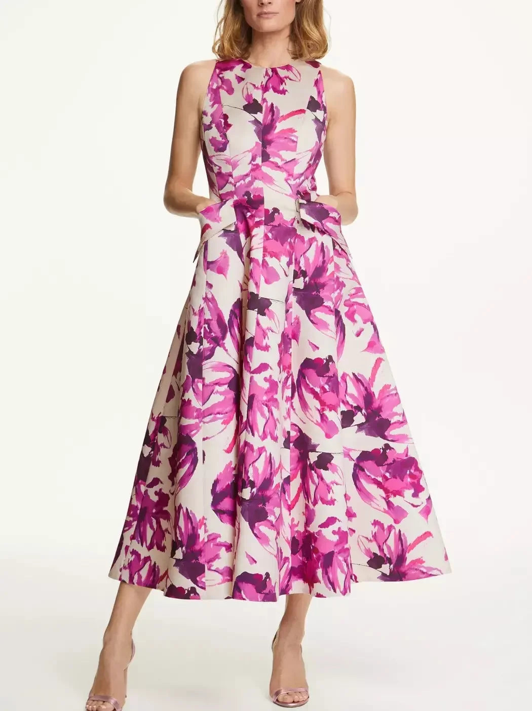 stylish midi dressesPink Floral Printed Sleeveless Flared Midi Dress