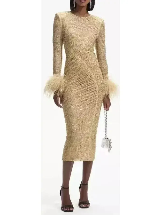 polyester midi dressesGold Crystal Feather Midi Dress