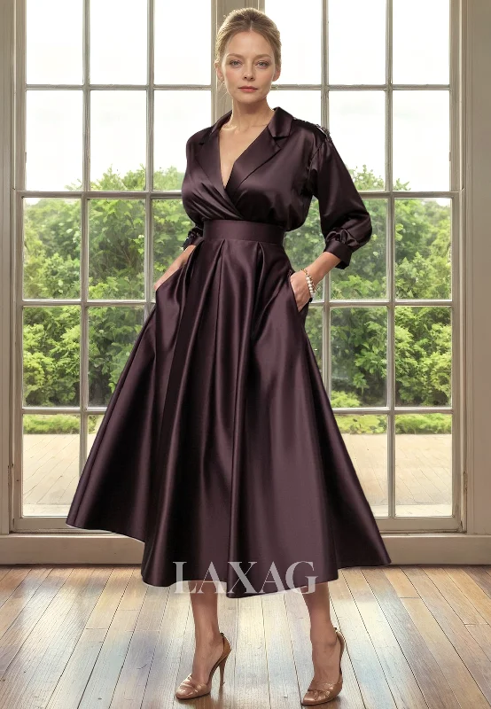 wedding dress try-onA-Line V-Neck Quarter Sleeves Sleek Satin Elegant Mother of the Bride Dress