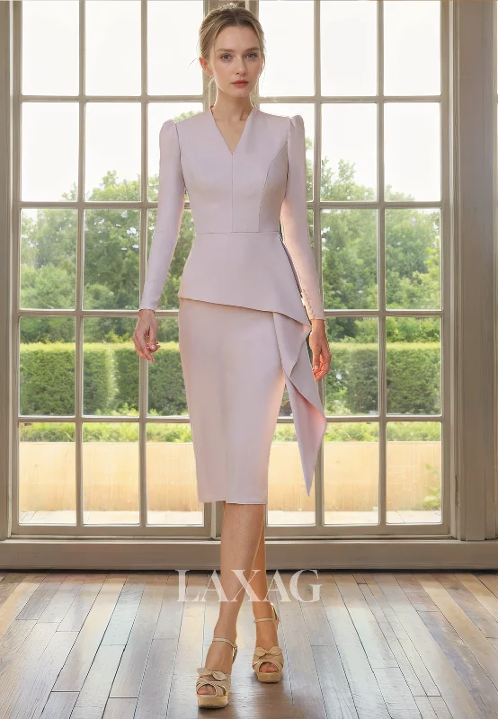 unique wedding dressesV-Neck Long Sleeves Sleek Satin Knee-Lengrh Mother of the Bride Dress