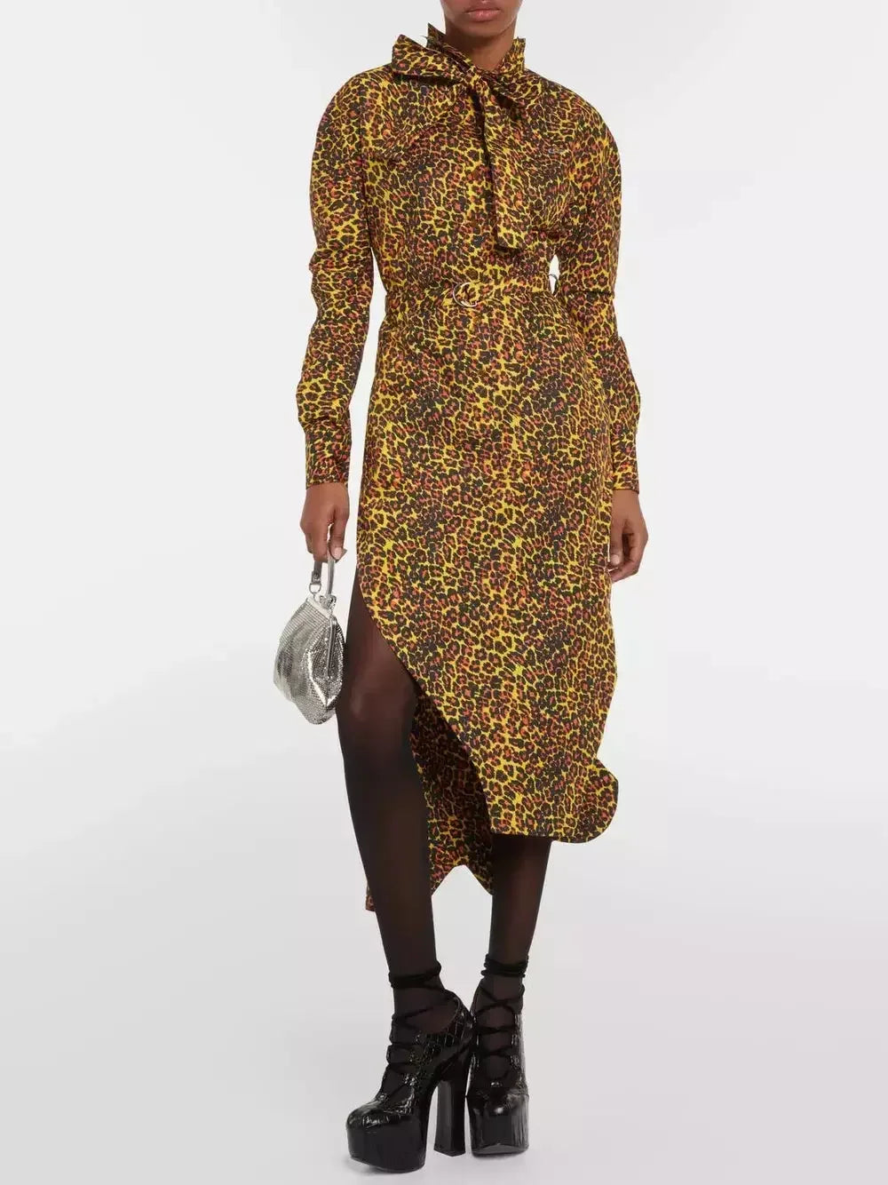 spaghetti strap midi dressesAsymmetrical Leopard-Print Midi Dress with Neck Tie