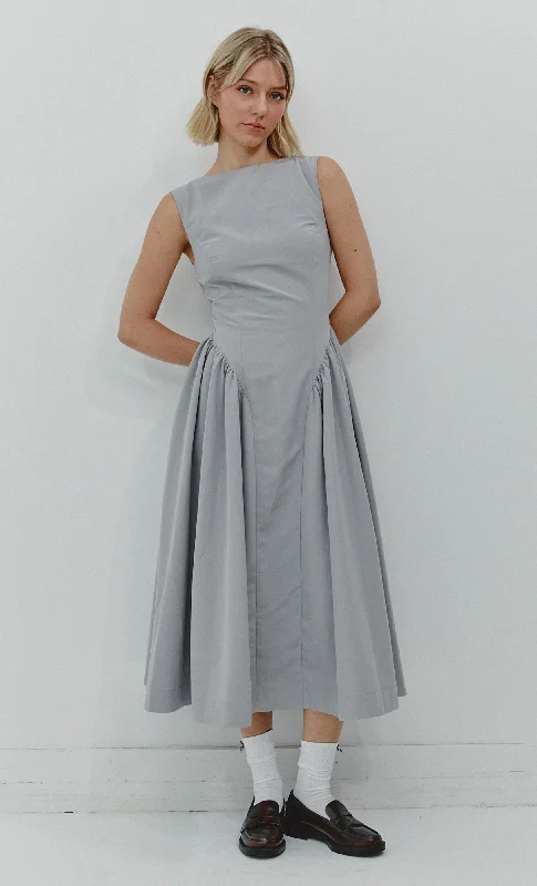 midi ball gown dressesGrey Midi Dress with Gathered Waist