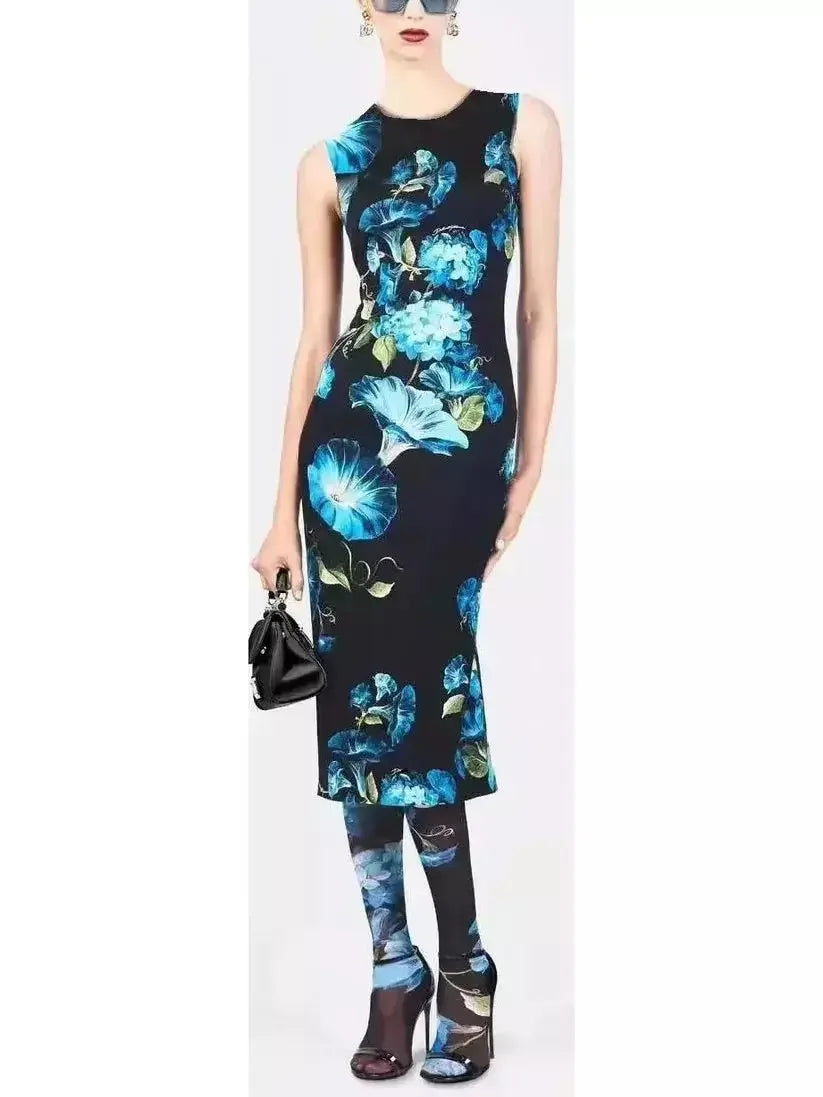 sleeveless midi dressesBluebell Floral Print Silk Fitted Midi Dress