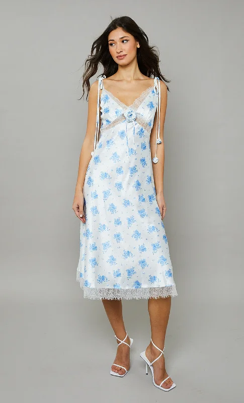 sleeveless midi dressesBlue Cami-floral Lace Slip Midi Dress