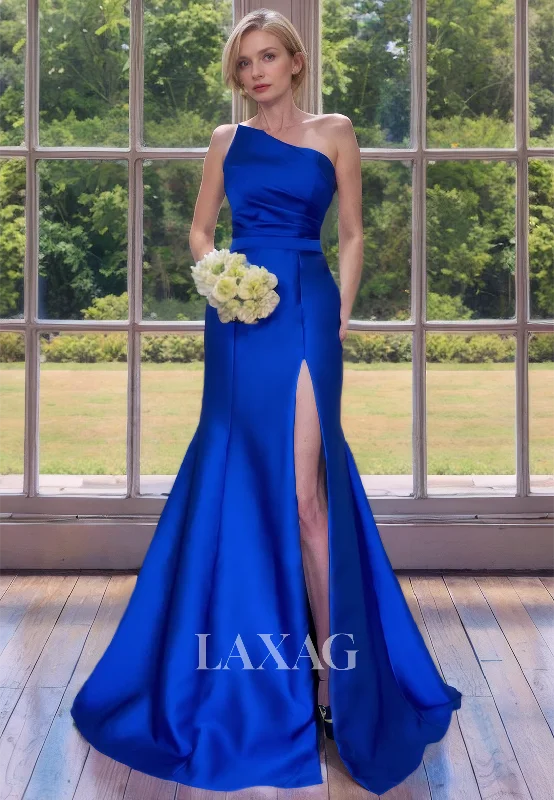 custom-fitted wedding dressesAsymmetrical-Neck Sleeveless Floor-Length Pleated Satin Mother of the Bride Dress with Slit