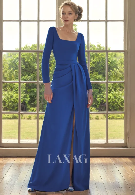 plus-size friendly wedding dressesA-Line Square Long Sleeves Pleated Sleek Satin Mother of the Bride Dress with Slit