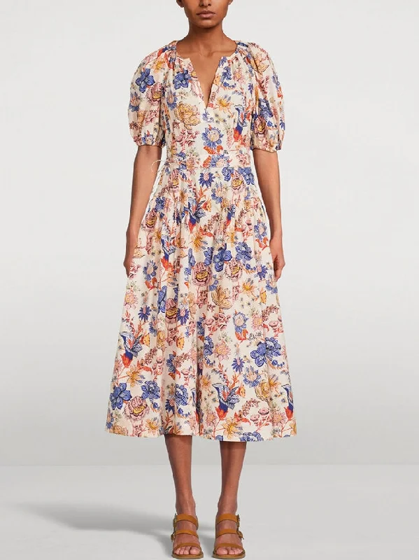 midi dresses with lace detailsBelted Magnolia Print Puff-Sleeve Midi Dress