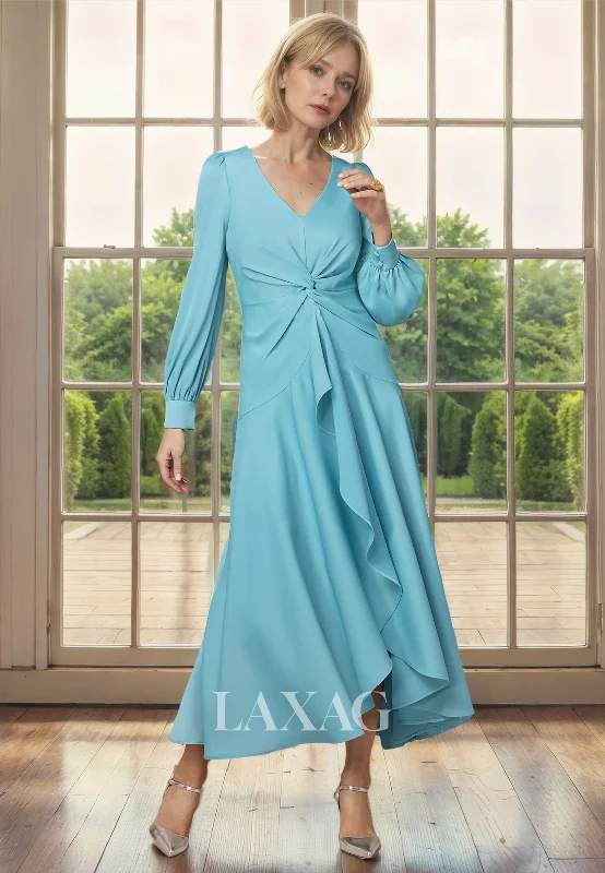 fairy tale wedding dressesA-Line V-Neck Long Sleeves Chiffon Elegant Mother of the Bride Dress