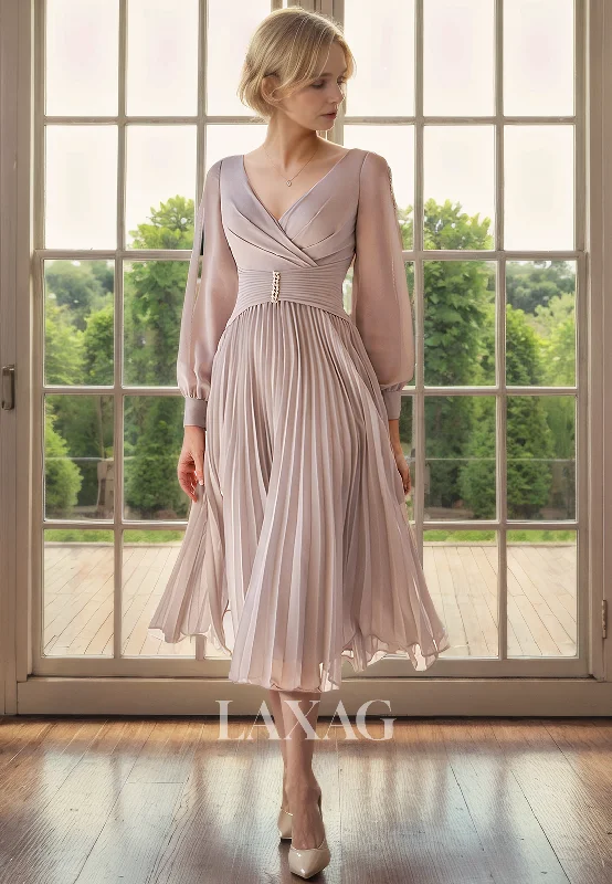 custom-fitted wedding dressesA-Line V-Neck Long Sleeves Beaded Chiffon Mother of the Bride Dress