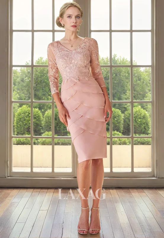 mother-of-the-groom wedding dressesV-Neck Quarter Sleeves Lace Appliques Tiered Knee-Lengrh Mother of the Bride Dress