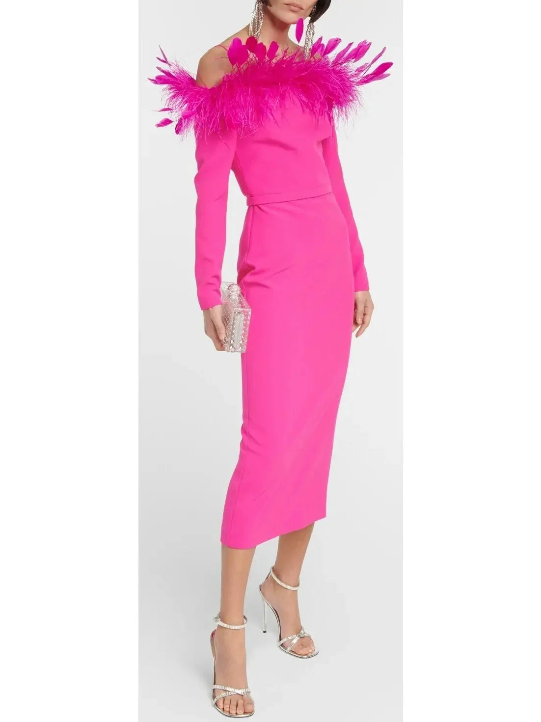 maxi midi dressesFeather-Trimmed Midi Dress, Pink