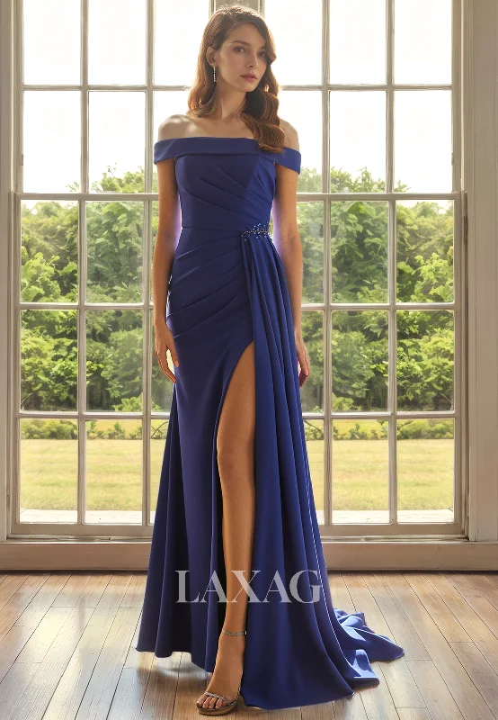 appliqued wedding dressesOff Shoulder Pleated Sleek Satin Mother of the Bride Dress with Slit and Train