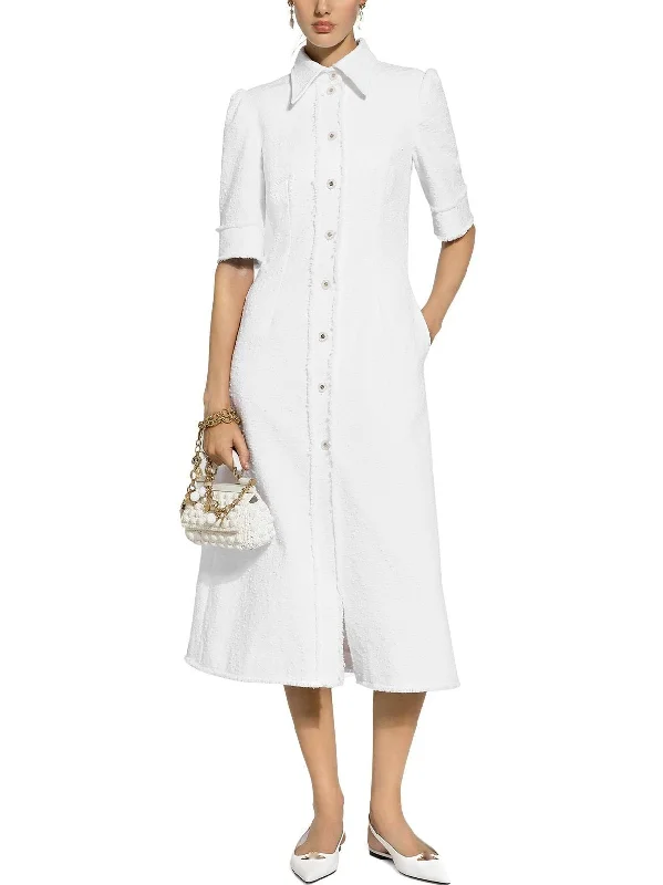 lightweight midi dressesButton-Front Frayed Tweed White Midi Shirt Dress