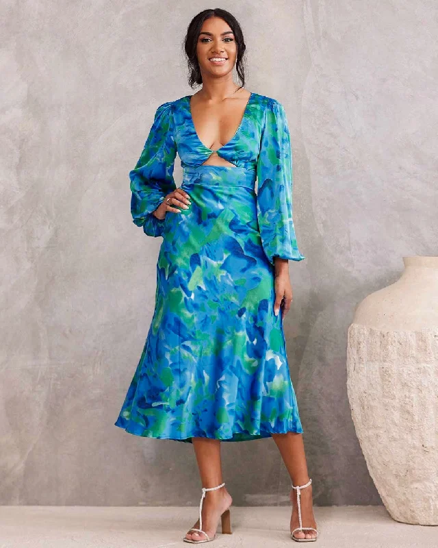 floral lace midi dressesKora Satin Midi Dress - Green/Blue Print