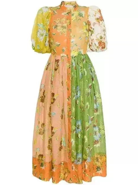 ruffled midi dressesMulticolored Floral-Print Puff-Sleeve Linen Midi Dress