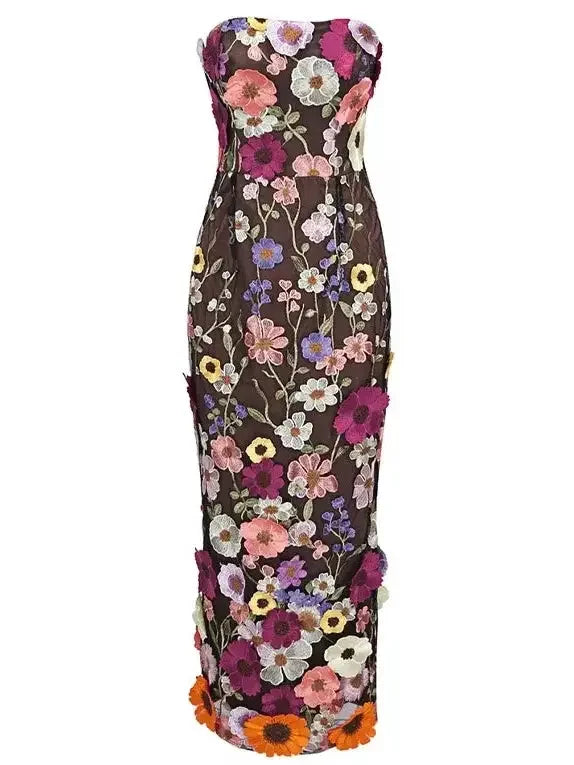 midi wrap dressesFloral-Embroidered Strapless Midi Dress