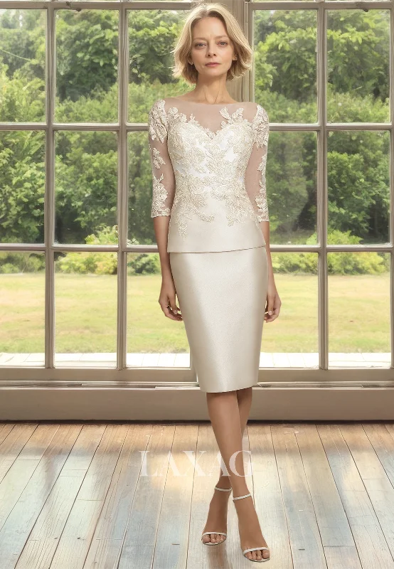 intricate wedding dressesScoop-Neck Sweetheart Half-Sleeves Cocktail Dress Applique Sheer Knee-Length Mother of the Bride Dress