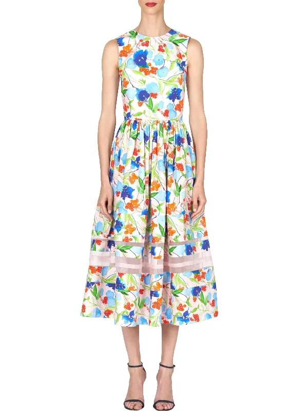 printed midi dressesMulticolor Floral Printed Midi Dress with Sheer Panels