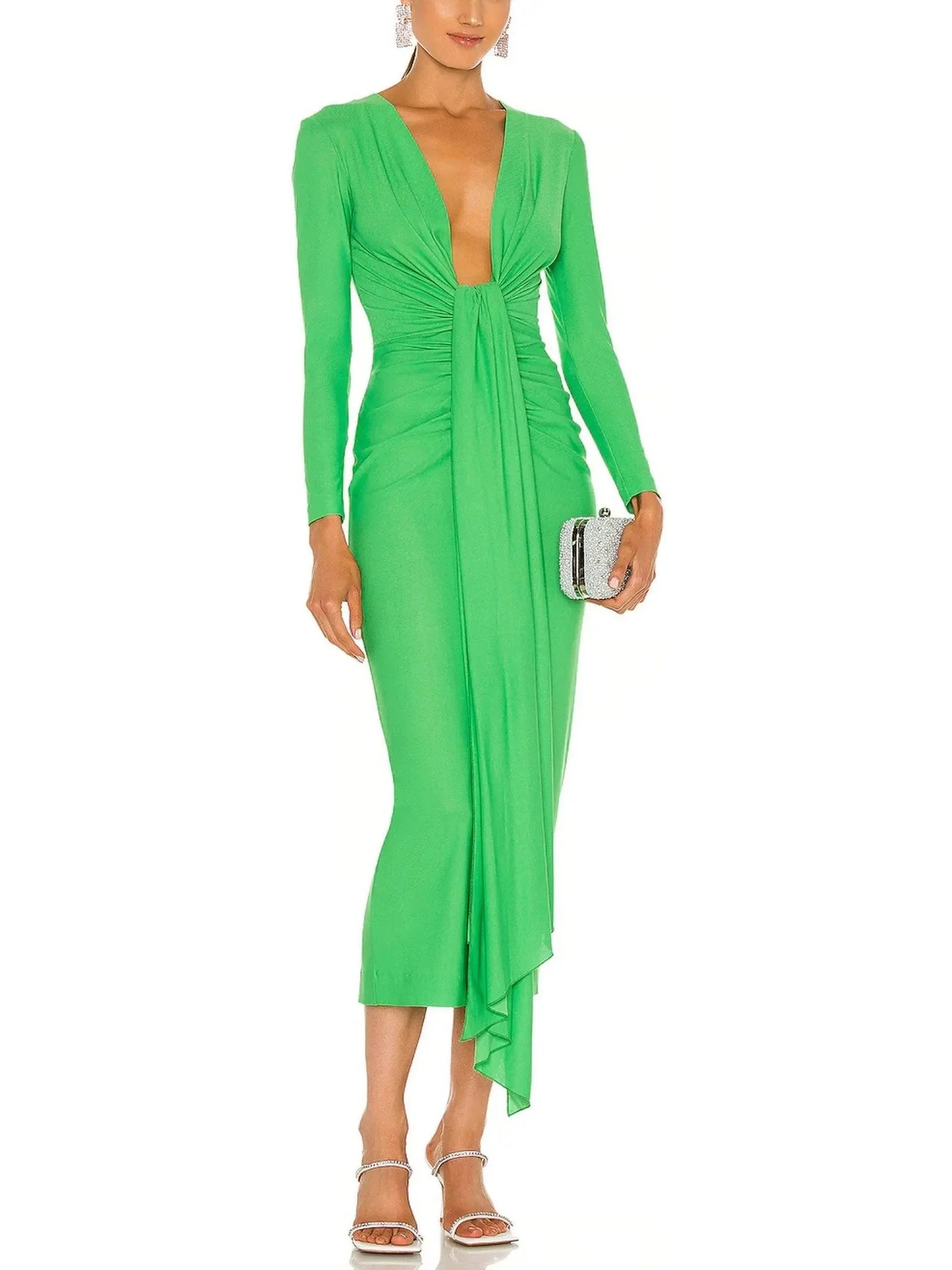 tie-waist midi dressesBright Green Draped Low-Cut Fitted Midi Dress