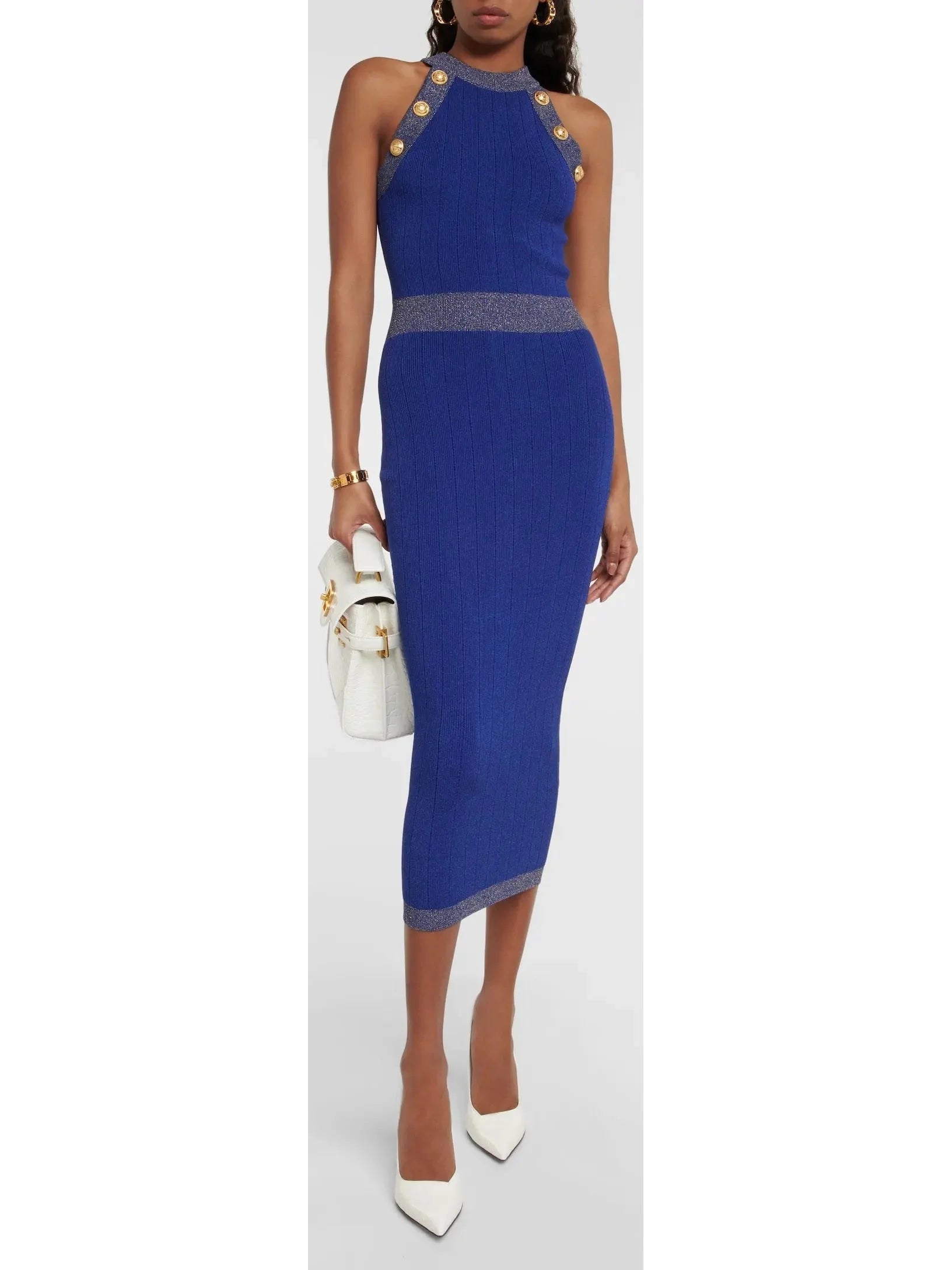 work-appropriate midi dressesButton-Detailed Halter-Neck Knitted Midi Dress, Blue