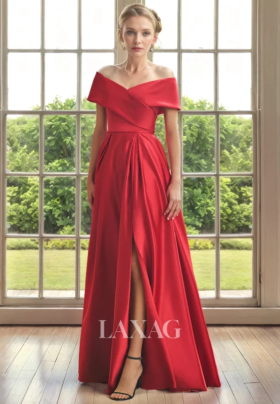 halter neck wedding dressesA-Line Off Shoulder Sleek Satin Elegant Mother of the Bride Dress with Slit